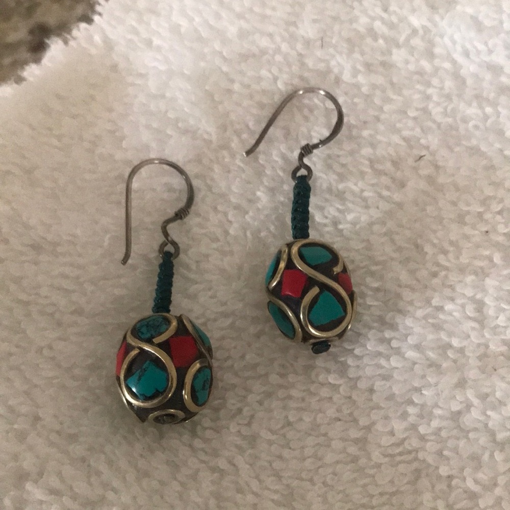 Turquoise and Red Dangle Earrings 925